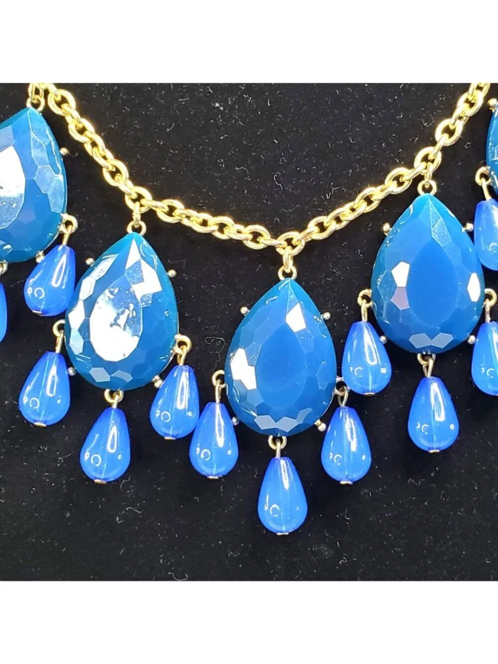 Gold-Tone Statement Bib Necklace With Blue Teardrop Plastic Faceted Accents